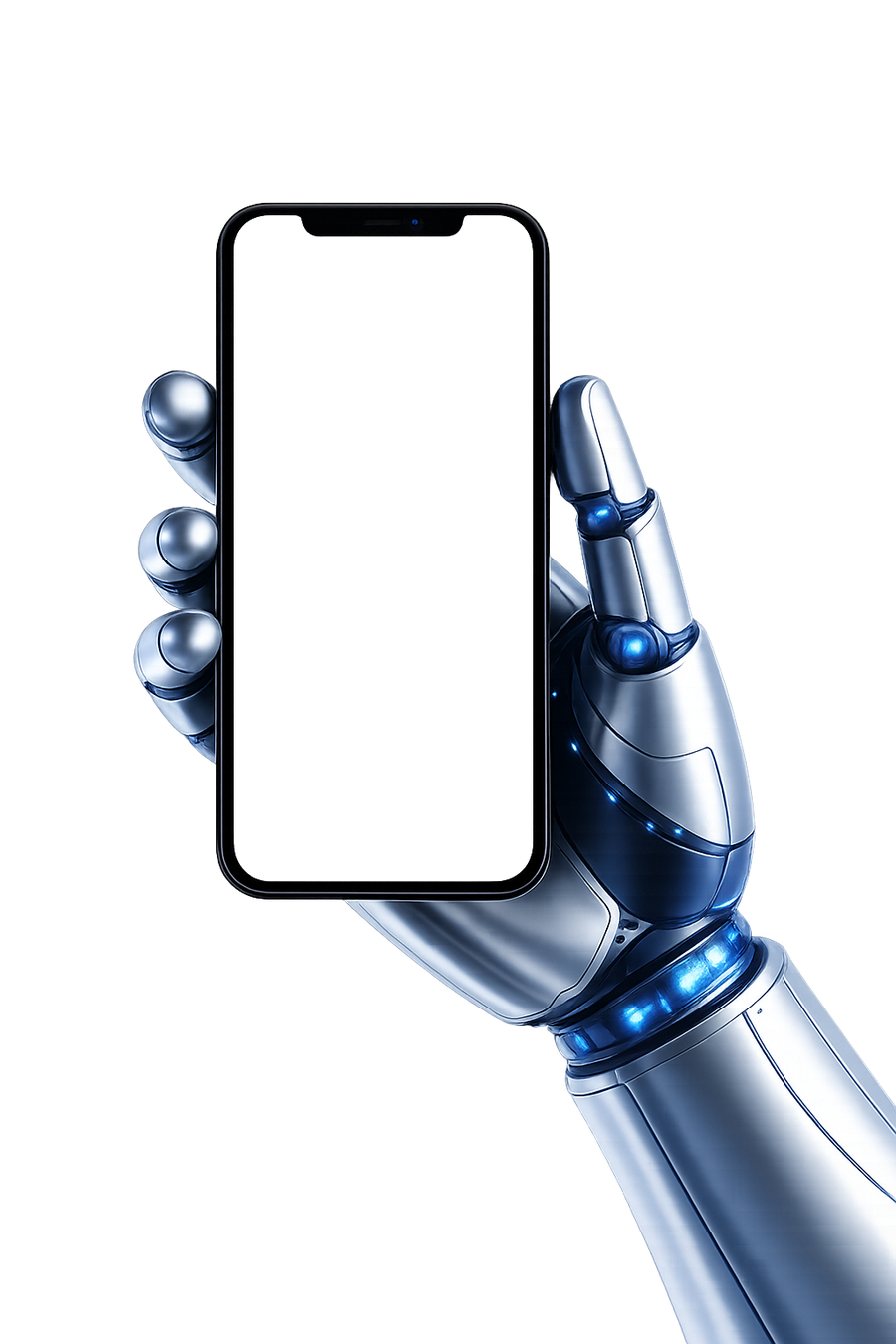 Uma mão robótica segurando um smartphone