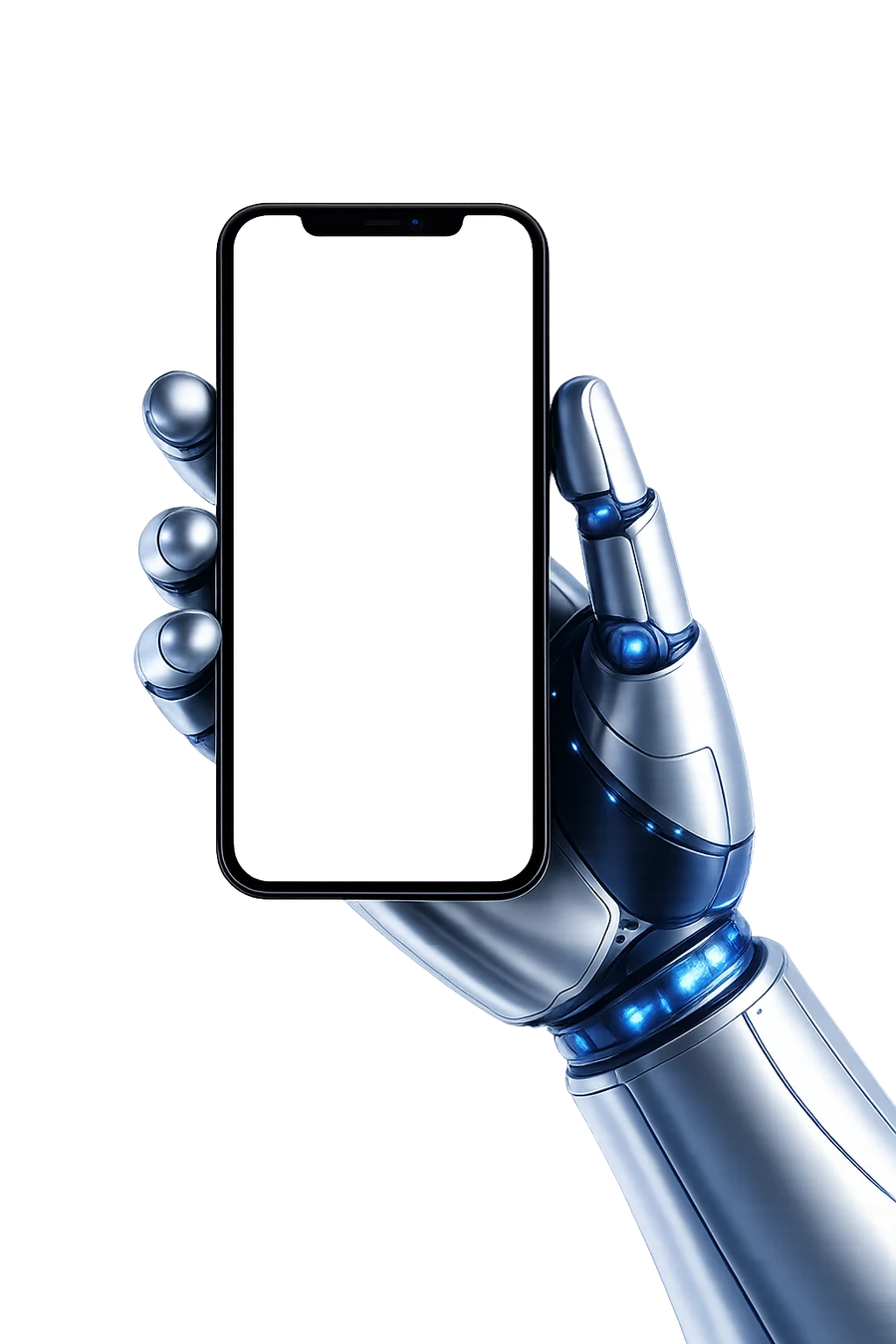 Uma mão robótica segurando um smartphone